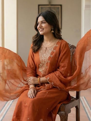 Image of INDO ERA Women's Silk Blend Embroidered Straight Kurta Pant with Dupatta Set
