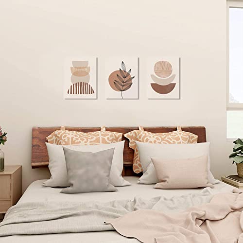 Minimalist Boho Wall Art Set Of 3, Mid-Century Modern Wall Art, Framed Canvas Wall Art Moon Botanical Geometric Neutral Abstract Artwork Prints Modern Boho Room Wall Decor Ready To Hang For Living Room, Bedroom, Bathroom, Office (12"X16") #TOP2