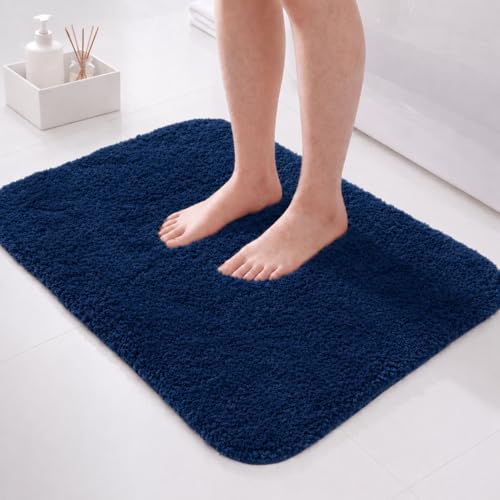 Image of PUFFMAT Microfibre Bath Mat 60 x 40 cm Navy Blue, Absorbent Bathroom Rug with Soft Plush Pile and TPR Backing, Machine Washable Compact Bathroom Mat for Shower, Bathtub, Toilet and Guest Bathroom