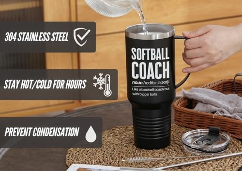 Onebttl Softball Gifts Tumbler for Coach, Softball Coach Gifts for Men, 40oz Stainless Steel Cup with Lid and Straw, Black