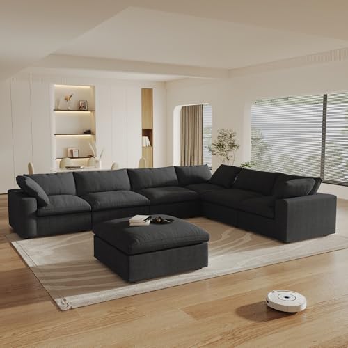 Image of 160 inch Cloud Couch Modular Sectional Sofa for Livingroom,Oversized Convertible Sofa with Storage Ottomans,7 Seat Wide Couches,Cushion Covers Removable,Black