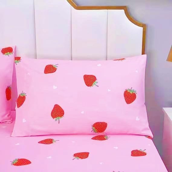SDY 4PCS Strawberry Bed Sheets,Twin Size Red,Pink White Kawaii Bedding Sheet Set with 1 Top Flat Sheet + 1 Deep Pocket Fitted Sheet + 2 Pillowcases for Teen Girls Home Decor - Image 2