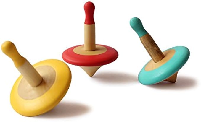 Shumee Colorful Organic Wooden Spinning Tops (3 Pcs)| Montessori & Kindergarten Toys for Balance & Coordination Skills| Gyroscope Fidget Spinner for Kids/Toddlers (3+ Yrs)