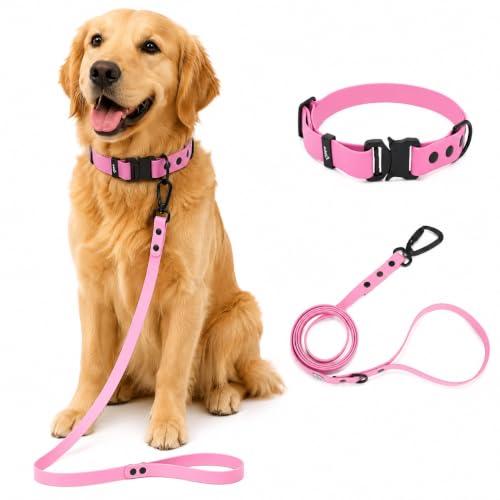 Image of Adil'S Waterproof Leash and Collar Combo Set - Adjustable & Breathable Biothane Collar with Leash Suitable for Medium & Large Size Dogs (Lease 5Ft), NEON Pink, L