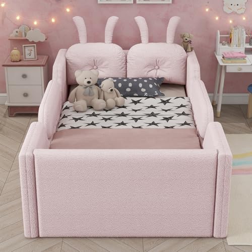 Image of Twin Size Kids Floor Bed Frame, Upholstered Montessori Platform Bed W /Removable Rails Cute Daybed Frame for Girls Boys, No Box Spring Required,Pink