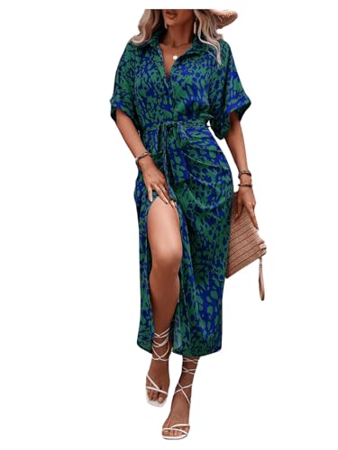 MakeMeChic Women's High Waist Belted Shirt Dress High Split Printed Collar Neck Short Sleeve Midi Dress