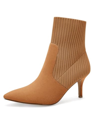 Coutgo Women's Pointed Toe Ankle Boots Stiletto Kitten Heel Knit Faux Suede Winter Sock Booties