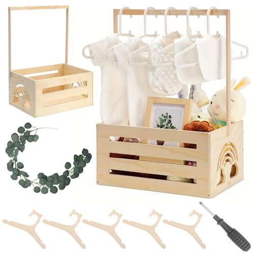 Cesta de madera para regalo de bebé, armario de madera para baby shower, armario con asa, 10 perchas y 1 corona decorativa, cesta de regalo multiusos para cumpleaños, Navidad, nuevos padres (arco iris
