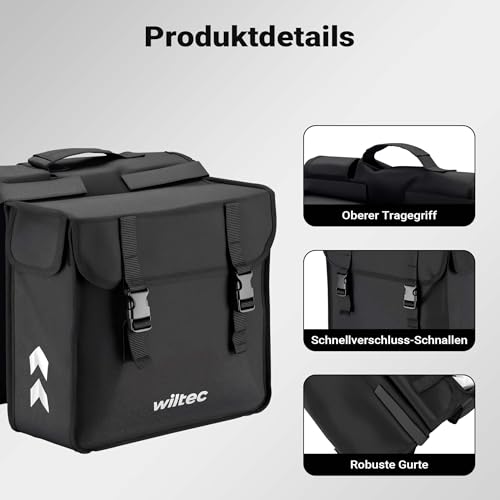 Wiltec Doppel Gepäckträgertasche 35 x 13 x 30 cm, Fahrradtasche Gepäckträger 30 l Stauraum, wasserresistente Fahrrad Tasche, Gepäcktasche leichte Handhabung