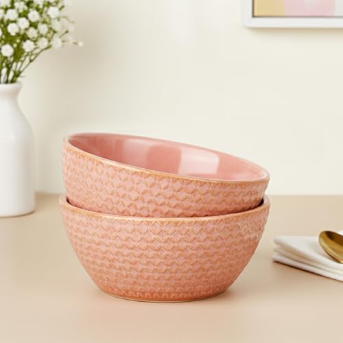 Image of The Earth Store Peach Embossed Ceramic Bowl Set of 4 - 500ML Each | Ceramic Mixing Bowls for Snacks, More | Rice, Dal, Fruits, Salad | Microwave Safe Bowl Set | Perfect for Gifting & Daily Use