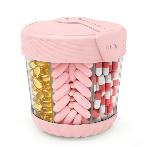 HIONXMGA Cute Pill Dispenser with 7 Large Compartments Portable Pill Bottle Organizer with Wide Opening for Travel Anti-Mixing Pill Container Shatterproof BPA-Free Includes 20 Pcs Labels Pink