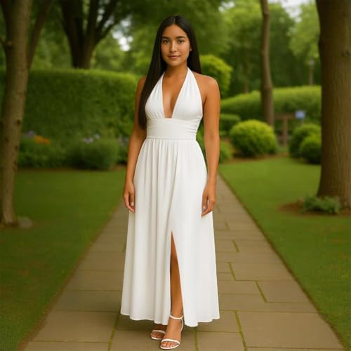 Image of Womens Backless Dress Sexy Halter Deep V Neck Maxi Dresses Sleeveless Long Cocktail Dress with Slit