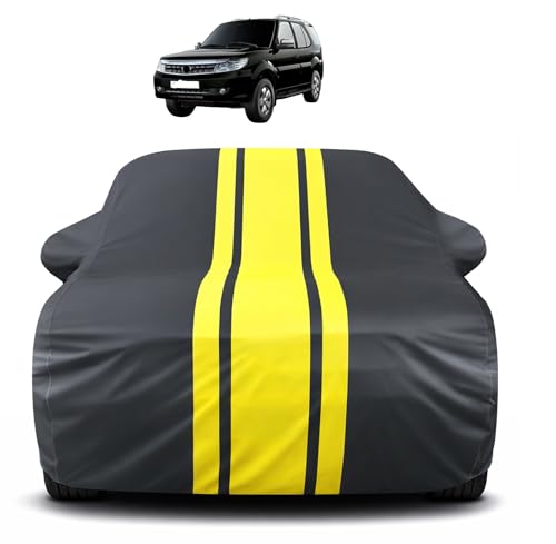 Image of Auto Hub Car Cover Compatible with Tata Safari Storme with Mirror Pocket, Soft Cotton Lining, Safari Storme Car Cover Waterproof - Yellow-Black
