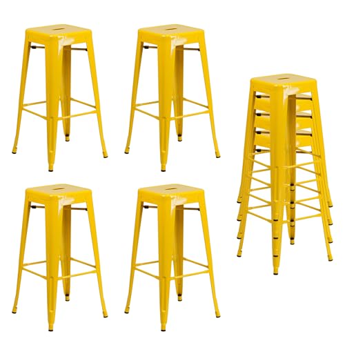 Image of HOM4NISH Metal Bar Stool with Footrest - Set of 2, 4 - Backless, Armless, Square Seat, Counter Height, Stackable Bar Chair