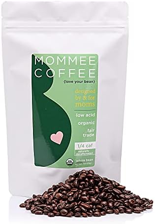 Mommee Coffee Quarter Caf Low Acid Whole Organic Coffee Beans - 100% Arabica Organic 1/4 Caff Coffee Beans with Smooth Caramel Flavor - Natural Process - Medium Roast - 11 oz
