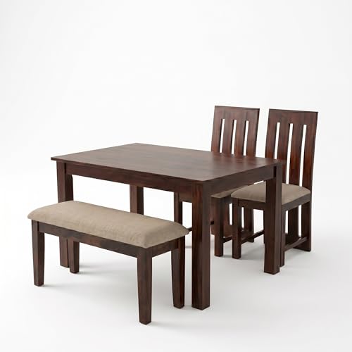 Image of SONA ART & CRAFTS Poster Sheesham Wood Dining Table Set 4 Seater Dinner Dinning Table with 2 Cushion Chair with 1 Bench for Dining Furniture for Living Room Home Hotel Office (Walnut)