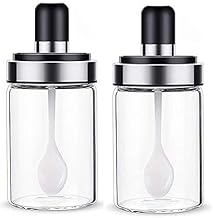 Kitchen High Borosilicate Glass Spice Jars Seasonning Box Jar Condiment Jar,Combination Spoon and Lid Design,Premium Commercial Grade for Kitchen Use 250ml (2 Pcs,Spoon jar), Transparent