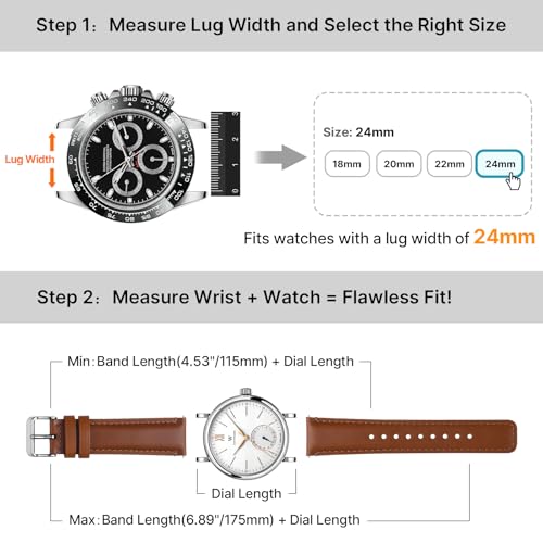 Image of Fullmosa 2 Pack 24mm Leather Watch Bands Quick Release Watch Strap for Men Women, Soft Replacement Strap Wristband with Stainless Steel Buckle,24mm Toffee Brown&Silver /Black&Black