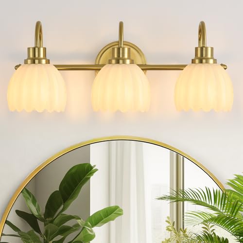 Image of Bathroom Light Fixtures (3-Light, 20 Inch), Brushed Gold Vanity Lights for Bathroom with Ribbed Milk Tulip Glass Shade, Vintage Vanity Wall Lights for Mirror Bedroom Living Room Hallway