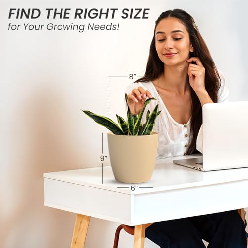 Image of YUCCABE ITALIA SHERA Stella 8 Inch Plastic Plant Pot for Home Decor Indoor Plant Pots for Living Room Plastic Flower Pot for Garden (Beige, 8 INCH - 6 Pcs)