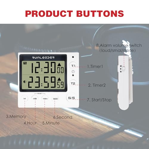 RileyFine KT002 Civil Digital Timer, Countdown-Funktion, Uhrfunktion, Speicherfunktion, zum Kochen in der Küche, zum Lesen, für Bürobesprechungen, Trainingstiming usw. (White)