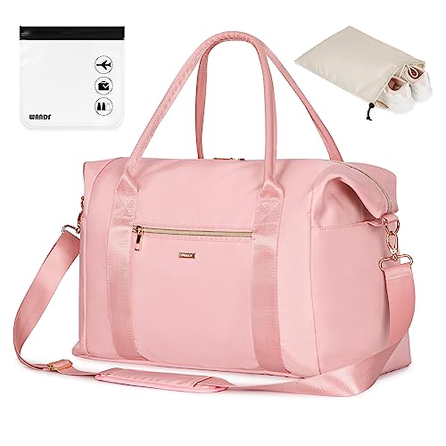 WANDF For Spirit Airlines Personal Item Bag 18x14x8 Travel Duffel bag with TSA Approved Quart Size Bag & Shoe Bags Weekender Overnight Carry-on Luggage for Women (Pink）