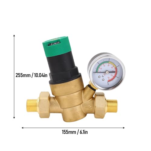 FTVOGUE Water Pressure Regulator Brass Adjustable with Pressure Dial Gauges 1 to 6 Bar Range for RV Home Plumbing System Reduction (3/4 inch (DN20)) - Thumbnail 2