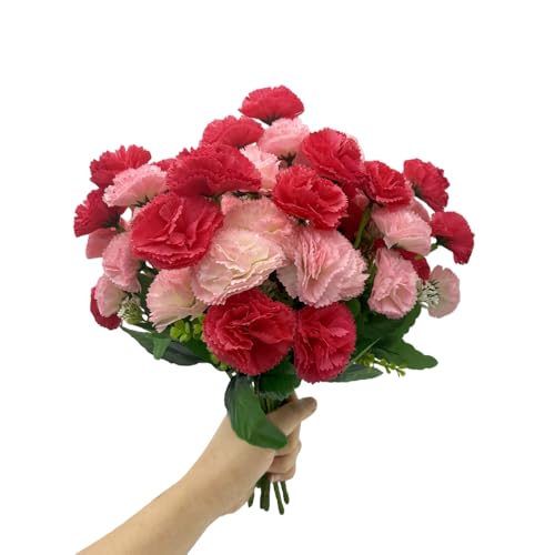 CURTEK 6 Bunches Bouquet of Artificial Silk Flower Carnations 14.2inch Fake Carnations Plastic Flowers 12 Flower Heads Per Bunch for Home Wedding Party Decoration (Rose red and Pink)