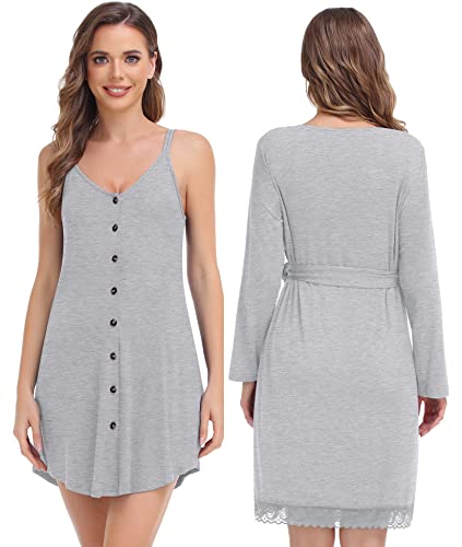 Swomog 3 In 1 Labor/Delivery/Nursing Gown Maternity Robe Set 2 Piece Hospital Nightgown Button Down Breastfeeding Nightdress Grey #TOP5