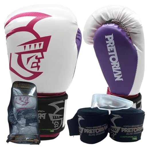 Luva de Boxe Feminina e Muay Thai Pretorian Elite Training Rosa - 12 OZ + Par de Bandagem + Protetor Bucal + Bolsa