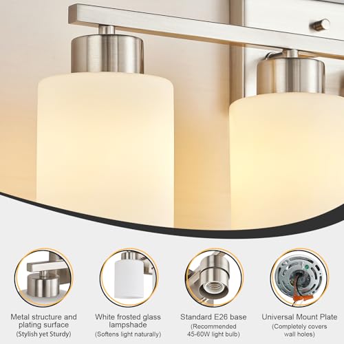 Image of FonmYim Brushed Nickel Bathroom Light Fixtures, 4-Light Modern Vanity Light Over Mirror, Wall Sconces with Milky White Frosted Glass Shades, E26 Socket (Bulbs Not Included)