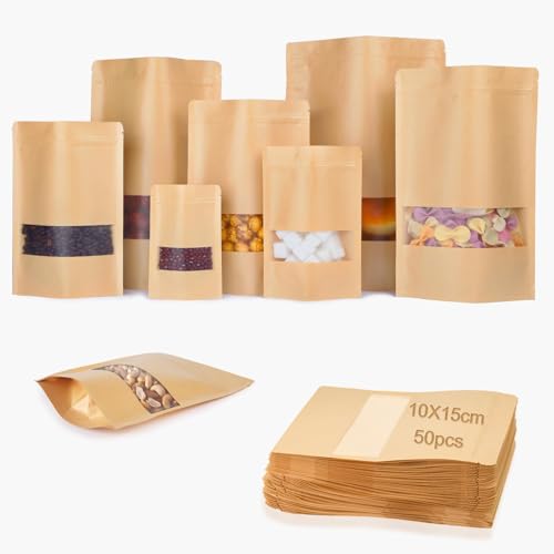 KINETOX Kraftpapiertüten 10X15cm verpackungstüten mit Fenster Standbeutel aus 50 Stück Kraftpapier Papiertüten Braun Kraftpapierbeutel für Nüsse Kaffeebohnen Teeblätter Süßigkeiten Snacks