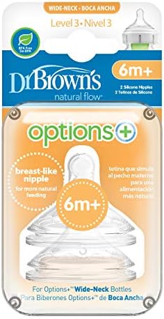 Dr. Brown's Options Plus Wide-Neck Bottle Nipple, Level 3 for Infant (6m +), Transparent, 2 Count