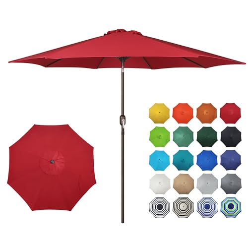 Image of Blissun 10FT Patio Umbrella, Outdoor Table Umbrella, Yard Umbrella, Market Umbrella with 8 Sturdy Ribs, Push Button Tilt and Crank, Red