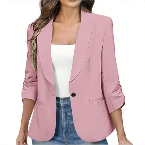 Women's Ruched 3/4 Sleeve Suit Jackets Dressy Casual Blazer Slim Fit Jacket Padded Shoulder Pockets Fully Lined Suit4