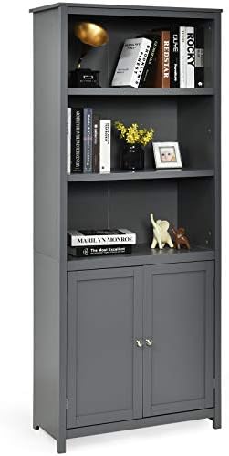 COSTWAY Wooden Storage Cabinet, Floor Standing Cupboard Tall Sideboard with 3-Tier Open Shelves and 2 Doors, Home Living Room Entryway Hallway Display Organiser Unit (Grey)