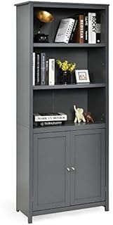 COSTWAY Wooden Storage Cabinet, Floor Standing Cupboard Tall Sideboard with 3-Tier Open Shelves and 2 Doors, Home Living Room Entryway Hallway Display Organiser Unit (Grey)