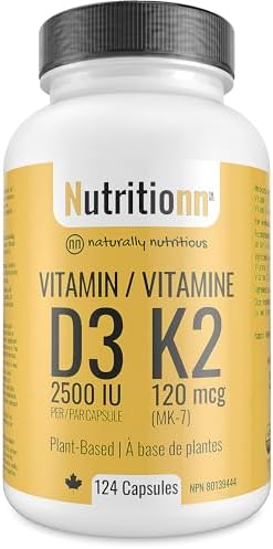 Vitamin D3 K2 Supplement - 2500 IU D3, 120 mcg K2 MK7 x 124 Capsules - Plant-Based, Vegan - Prevents Deficiency, Supports Bone Health in Women and Men - Made in Canada, Third-Party Tested - Nutritionn