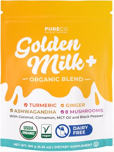 Golden Milk Powder Organic Blend - Adaptogenic Turmeric Latte with Ginger Ashwagandha & Mushroom Complex for Sleep Relaxation Vitality & Immune Support - Vegan Non-GMO & Filler Free (60 Servings)