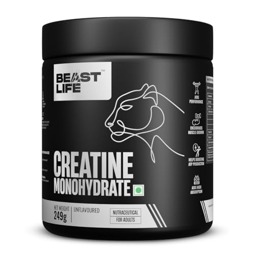 Image of BeastLife Micronised Creatine Monohydrate with Free Shaker | 249g | 83 Servings | Unflavoured | NABL Lab Tested | Rapid Absorption for Muscle Strength & Athletic Performance | Super Micronised Creatine Powder