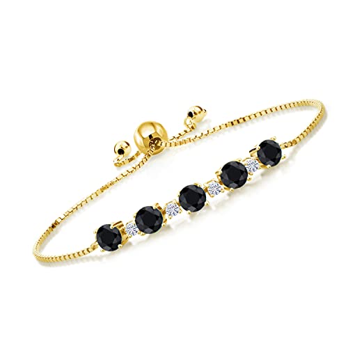 18K Yellow Gold Plated Silver Gemstone Birthstone and White Moissanite Tennis Bracelet for Women | Round 5MM and 2.5MM | Adjustable Bolo Design | Easy-On Easy-Off | Fully Adjustable Up to 9 Inch
