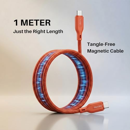 Image of PHILIPS DLC7130CR /94 100W Magnetic Type-C to Type-C Fast Charging Cable (1m, Coral Reef) | Nylon Braided | Compatible with iPhone 15+ Series, USB-C iPad Models, Samsung Galaxy & All Type C Devices