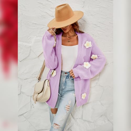 Image of Women's Knit Floral Applique Open Front Cropped Cardigan Sweater Lantern Sleeve