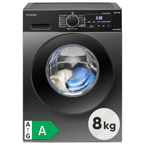 Bomann Waschmaschine 8kg | 5 Jahre Motor-Garantie | Invertermotor-effizient, leise & langlebig | max. 1400 U/min | 15 Programme | Dampffunktion | LED-Display | Washing Machine | WA 7188 titan-schwarz
