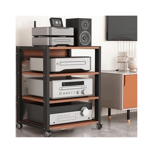 Regulowany 4-poziomowy stojak HiFi z kółkami – drewniany stojak AV na gramofon i telewizor stylowa półka na media do kina domowego, naturalne wykończenie, idealny do sprzętu audio