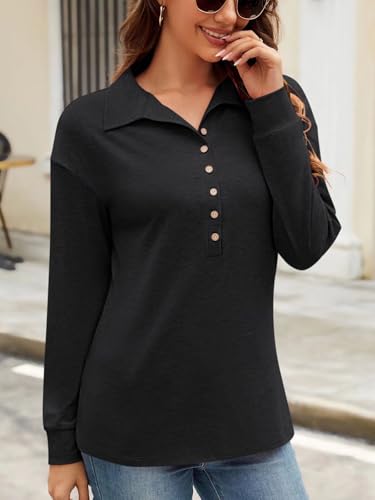 Womens V Neck Collared Shirts Long Sleeve Button Tops Dressy Casual Spring Tops Loose Polo Blouse 20252