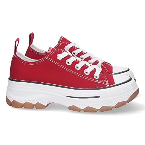shoes&blues.es 72911-Zapatilla de Plataforma para Mujer, Comoda, Estilo Bamba, Material de Lona, y Cierre de Cordones. Talla 38 Rojo