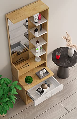 Image of Bniture Wooden Dressing Table for Bedroom with 1 Drawer, Mirror and Huge Storage Space | Long Dresser Vanity Table with Mirror (42D x 60W x 180H CM) | 1 Year Warranty (Giant Wood & Frosty White)