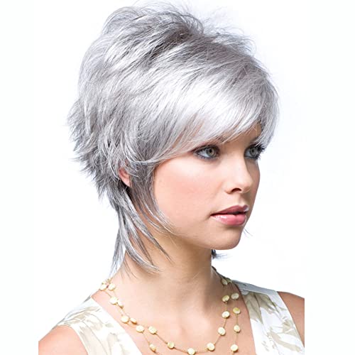 XULAIP Damenperücke, silbergrau, kurz, flauschig, gelockt, geschichtet, für alte Frauen, hitzebeständig, volle Perücke, kurze Schicht Naturhaar (grau) Cover