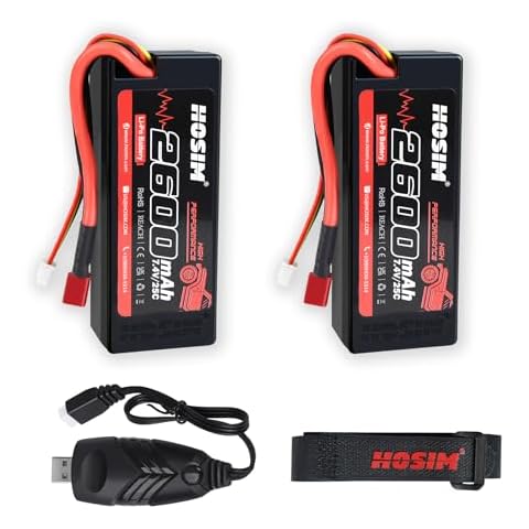 Hosim 2PCS 2S 7.4V 2600mAh Lipo Battery 25C with 1 USB Chargers & 1 Battery Strap RC Car Truck RC Vehicles Boat Battery Fit for X08 X07 X07W High Speed RC Cars 1/10 Scale Cover